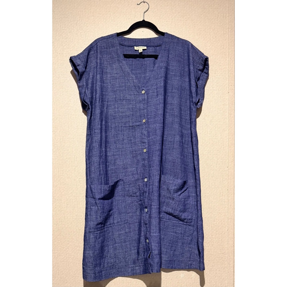 52seven Womens XL Blue Linen Blend Button Front Pocket Shift Dress Short Sleeve